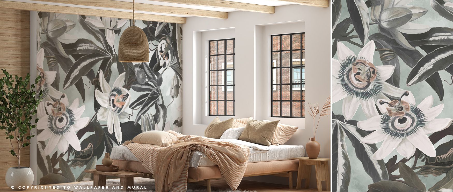 White Passiflora Green Wallpaper blooms across walls in gentle rhythm, where ivory flowers drift over soft green leaves in soothing contrast. This elegant composition brings serenity and freshness to living rooms or creative lounges touched by daylight, m