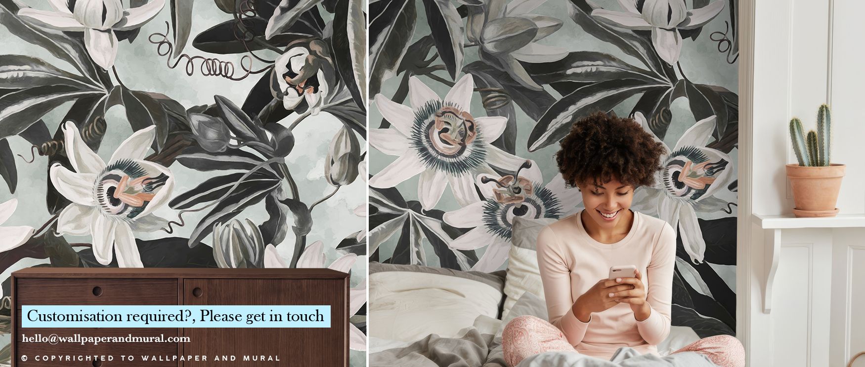 White Passiflora Green Wallpaper evokes garden serenity through its fluid vine design and luminous green tones. The pattern radiates refined beauty and organic balance, enriching spaces with a meditative mood and soft botanical charm perfect for refined i