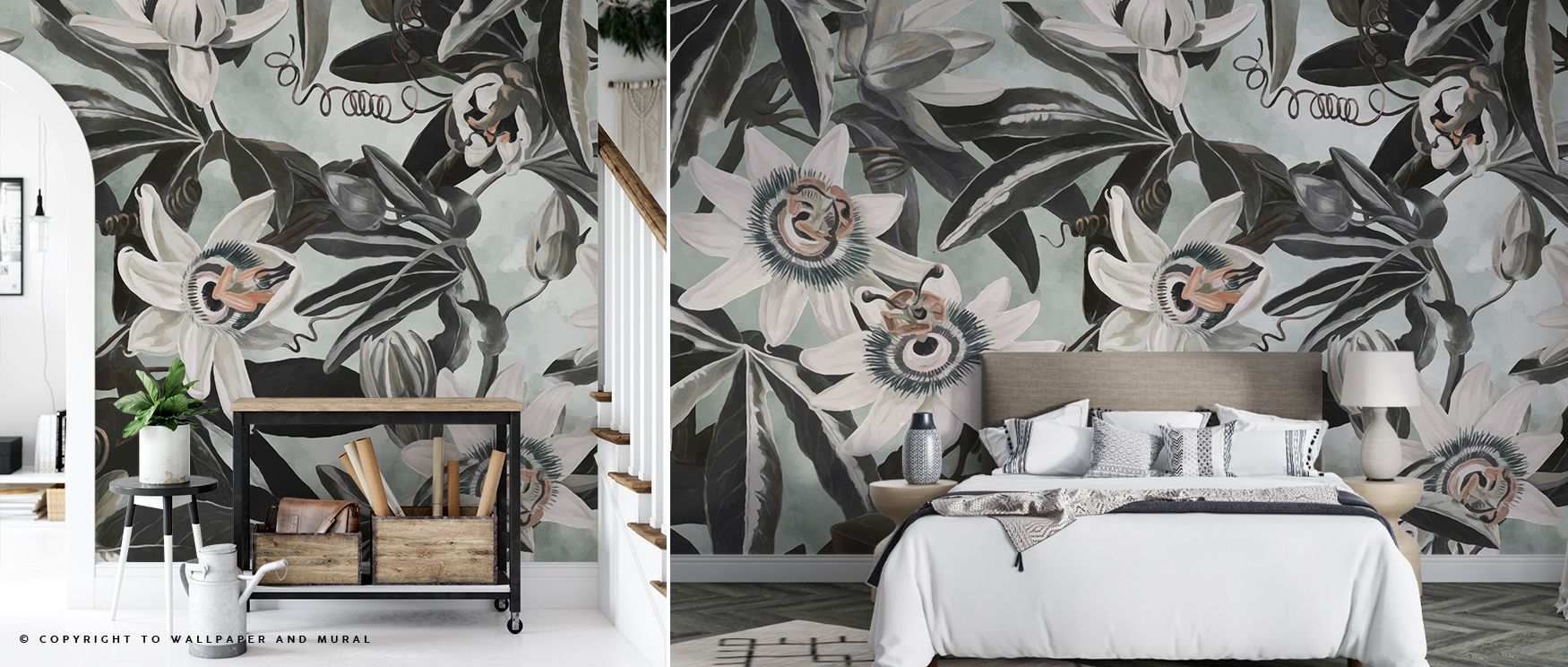 Grace and purity intertwine through White Passiflora Green Wallpaper. The delicate tracery of vines and blossoms forms a lyrical pattern that bathes interiors in quiet refinement and floral rhythm inspired by garden harmony. 