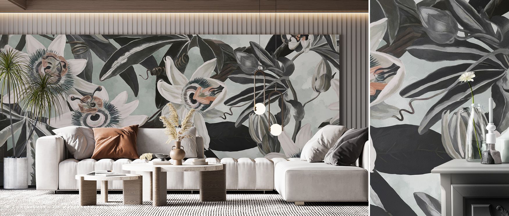 White Passiflora Green Wallpaper transforms light into poetry, reflecting subtle green hues that ripple gently across its surface. The natural interplay of tone and texture enhances interiors with peaceful vibrancy and timeless calm. 