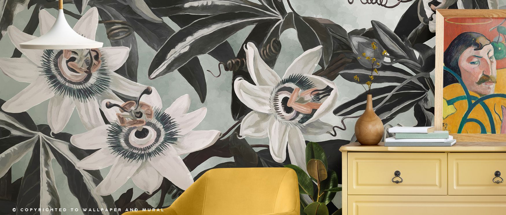 In White Passiflora Green Wallpaper, soft botanical motion becomes an art form. Its vine-like patterns and pale ivory petals create a soothing atmosphere ideal for serene home environments devoted to balance and beauty. 