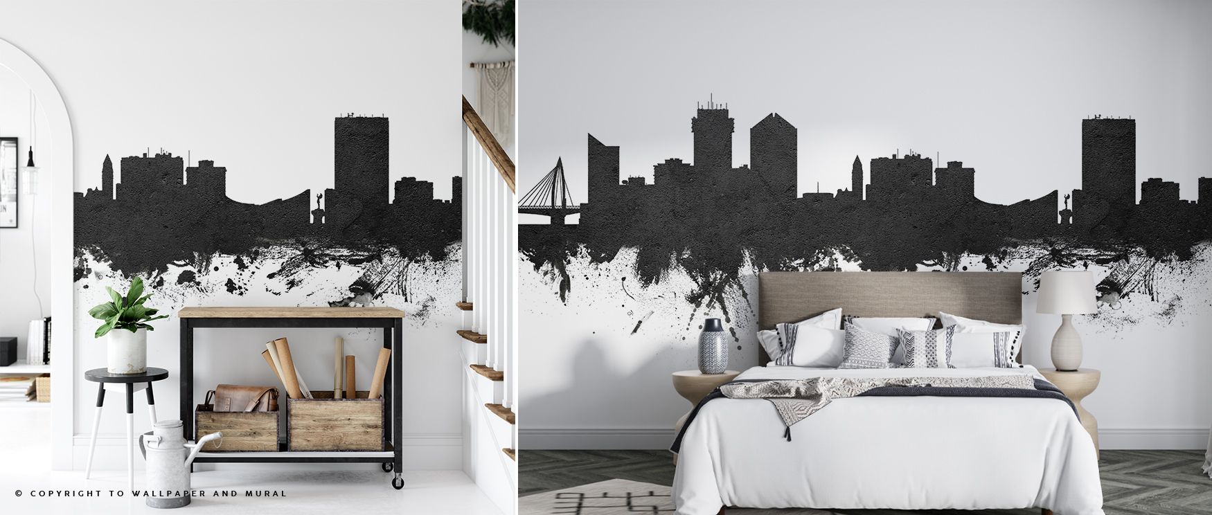 Monochrome harmony flows through Wichita Kansas Skyline Black & White Wallpaper, where shades of silver and charcoal meet. The design’s tonal precision adds depth and style to modern interiors inspired by city life. 