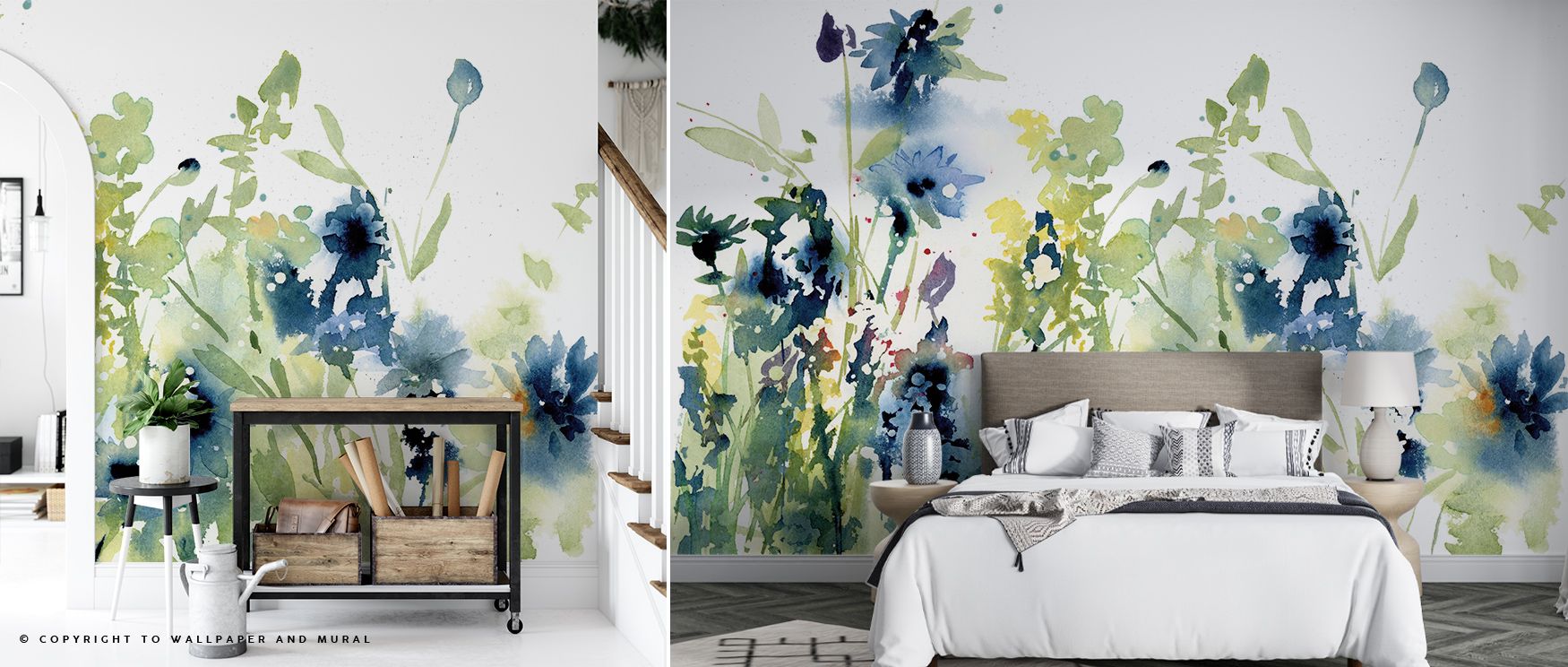 Soft tones of sapphire and jade flow through Wild Meadow Blue Wallpaper, enhancing depth and tranquility. The layered blossoms evoke peace and radiance, transforming walls into canvases of graceful simplicity and timeless charm. 