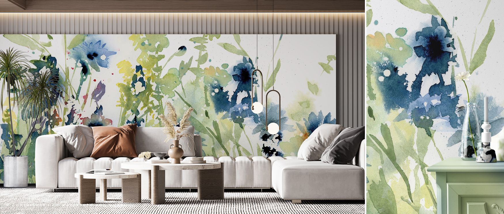 Wild Meadow Blue Wallpaper reflects botanical artistry through delicate structure and color harmony. The interplay of cool hues and soft shadows enriches interiors with movement, grace, and quiet emotional resonance. 