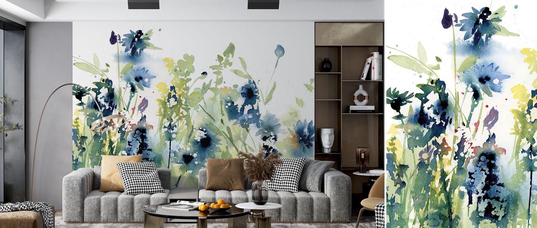 Graceful forms in Wild Meadow Blue Wallpaper mirror the serenity of open landscapes. Its delicate artistry transforms modern interiors into tranquil retreats of color, air, and motion. 