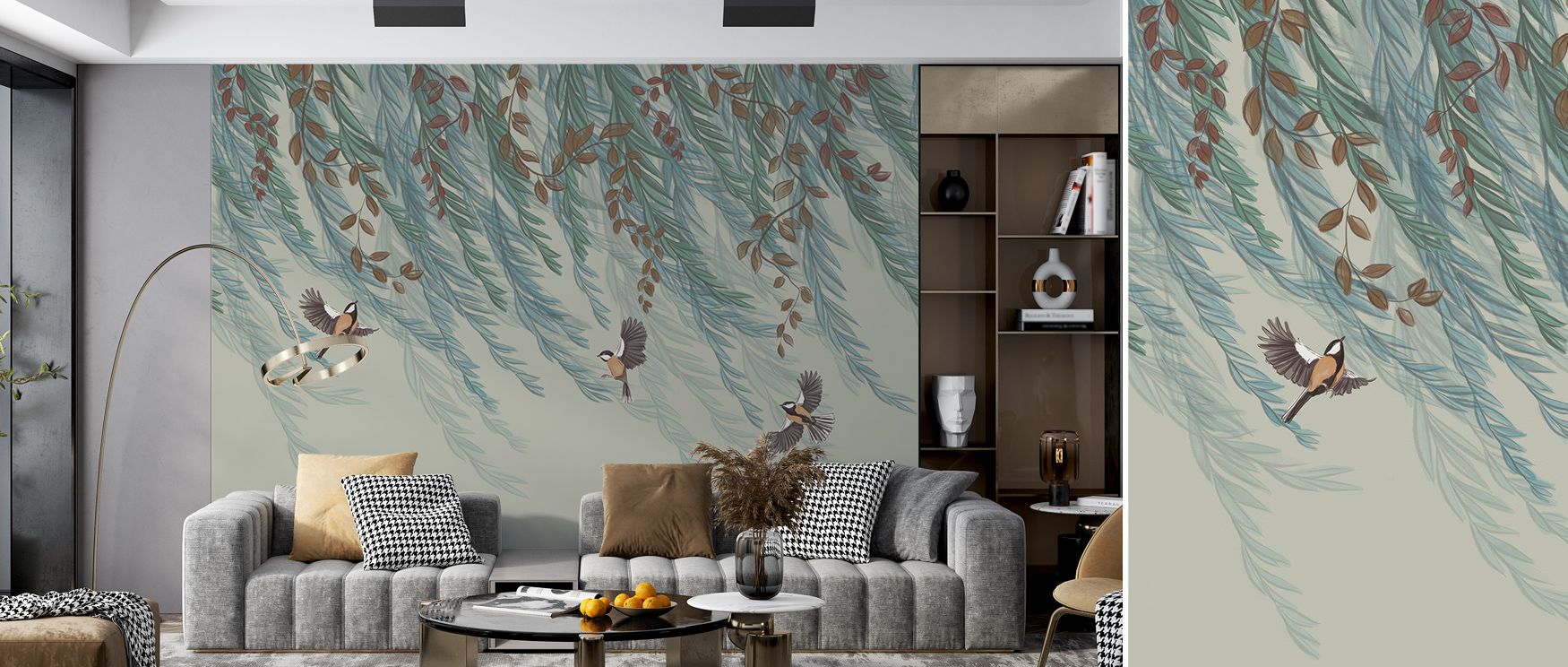 Feathers and leaves intertwine gracefully in Willow & Birds, Pistachio Wallpaper, forming a lyrical pattern that infuses rooms with harmony, texture, and gentle sophistication inspired by pastoral charm. 