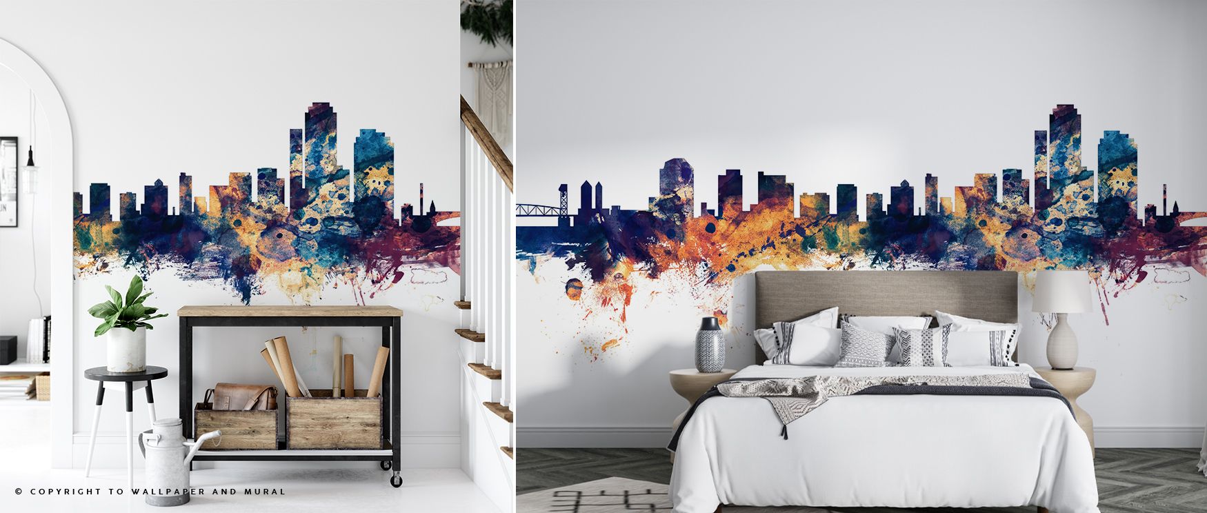 City silhouettes shimmer across Wilmington Delaware Skyline Blue & Bronze Wallpaper, blending deep blue reflections with metallic bronze that glows gently under soft light, creating an inviting modern mood ideal for urban rooms and living spaces. The skyl