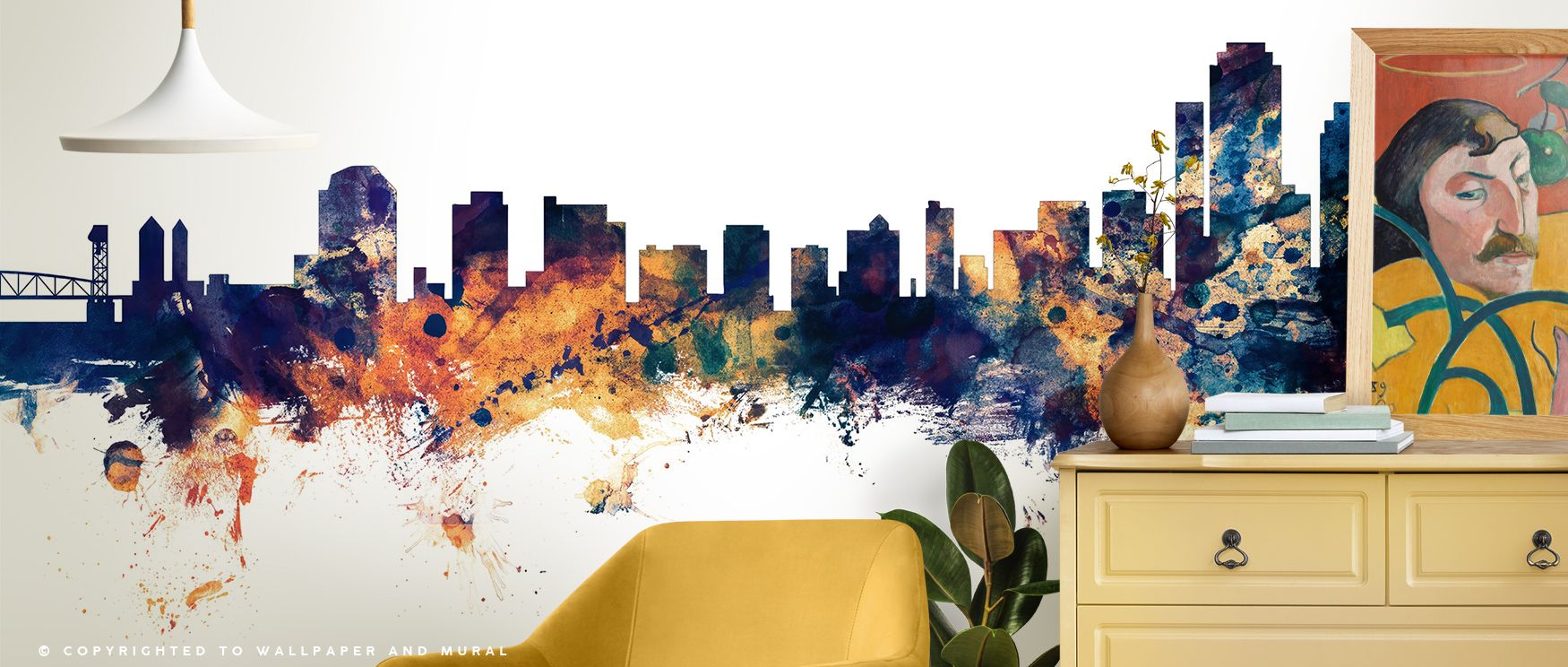 Wilmington Delaware Skyline Blue & Bronze Wallpaper channels the energy of city life through artful composition. The skyline gleams like dusk’s final light, its bronze and blue hues harmonizing across smooth gradients, evoking quiet confidence and urban a