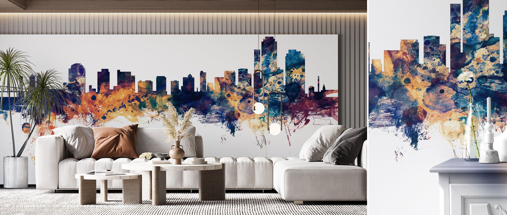 A sophisticated dance of urban geometry defines Wilmington Delaware Skyline Blue & Bronze Wallpaper. Each skyline line is rendered with smooth precision, blue light blending gently into golden undertones. The texture breathes subtle metallic sheen, giving