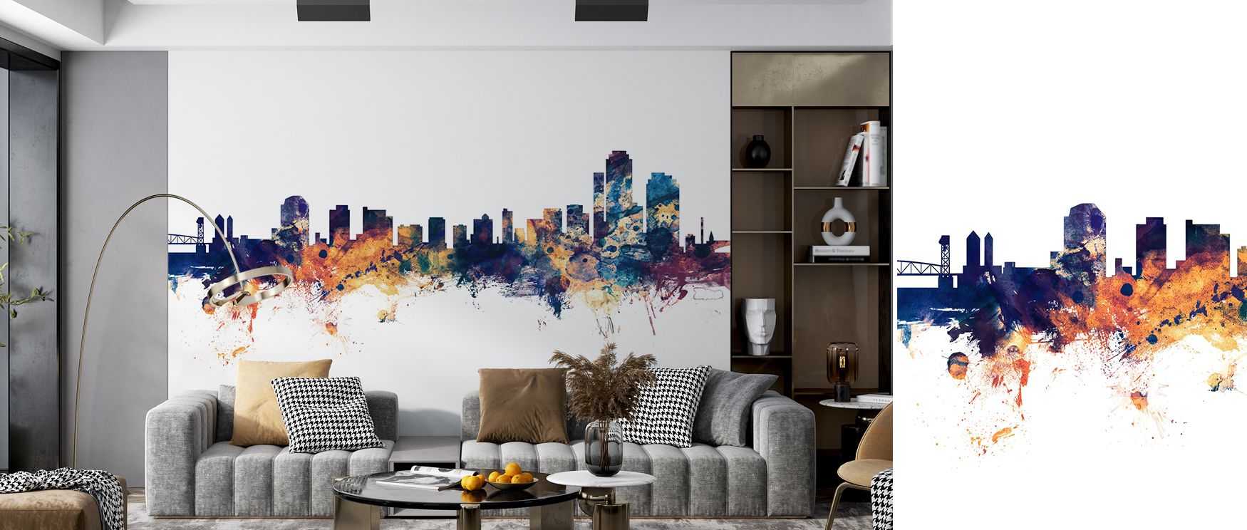A contemporary masterpiece, Wilmington Delaware Skyline Blue & Bronze Wallpaper portrays urban stillness through a symphony of contrasting tones. Bronze illuminates edges while blue deepens the horizon, generating atmosphere and movement within elegant mo