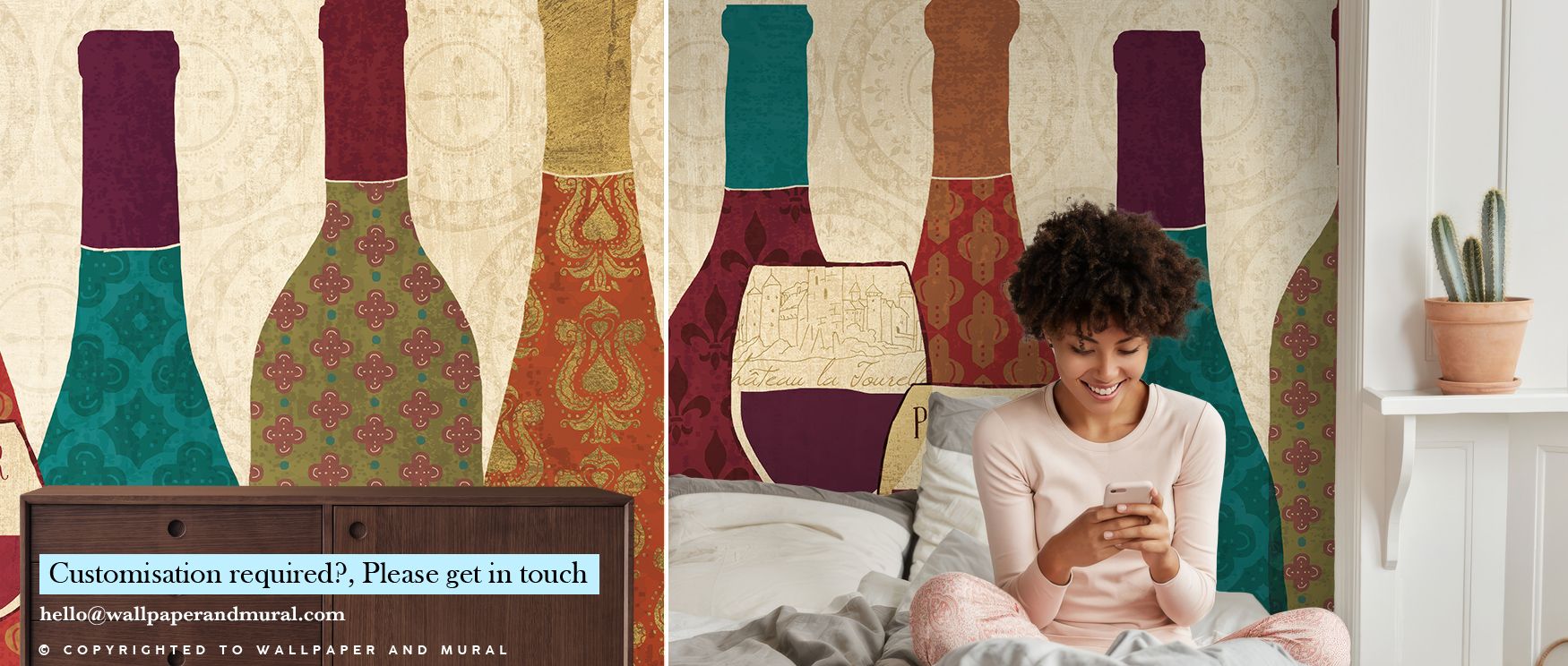 Wine Collage Wallpaper features grapevine details that curve and intertwine naturally, enriching depth and composition. Color transitions between warm reds and soft purples generate luxurious textures, offering walls an artistic vibrancy suited to dining 
