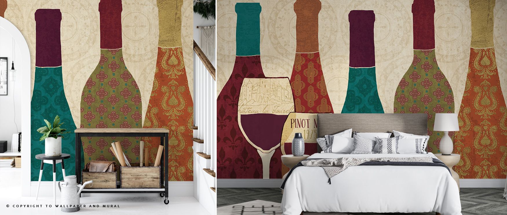 The design captures celebratory essence with metallic hints subtly incorporated, enhancing richness without overpowering. Wine Collage Wallpaper flows across surfaces like a mural, blending traditional wine motifs with modern abstract patterns, perfect fo