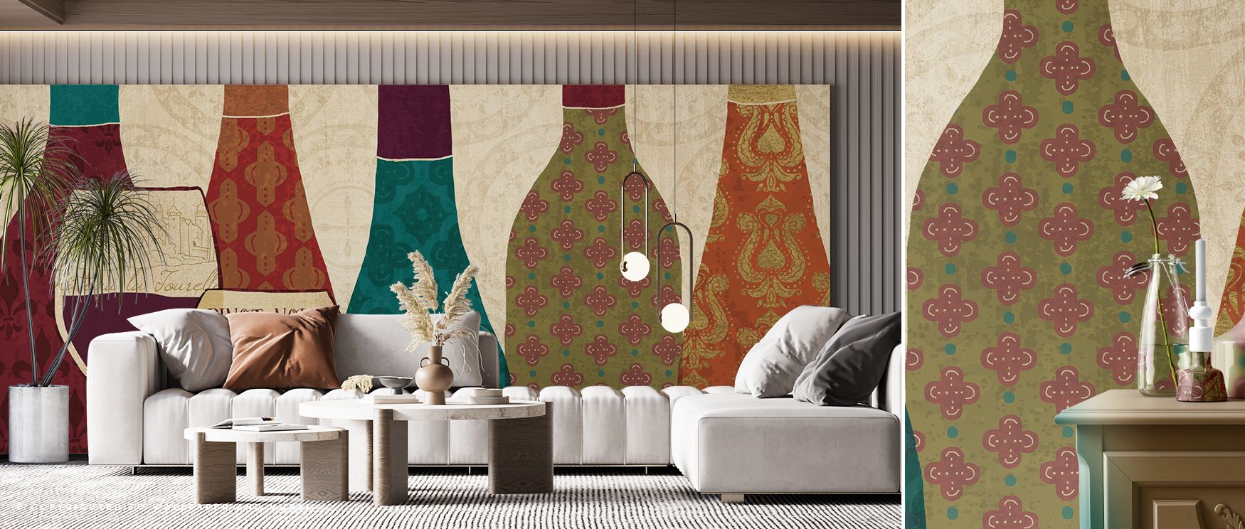 Each section of Wine Collage Wallpaper offers unique visual interest, combining patterns that evoke tasting rooms and artistic collages. Movement, color balance, and subtle highlights produce a dynamic yet sophisticated effect suitable for refined interio