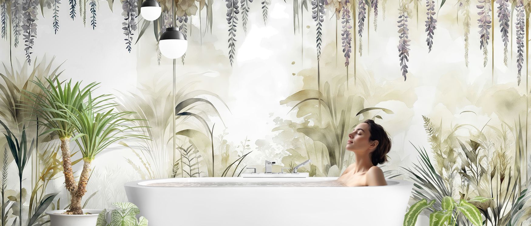 Wisteria Garden Bright Wallpaper enchants interiors with cascading violet wisteria blossoms and soft green leaves, capturing the essence of springtime beauty. Each petal is rendered in delicate detail, providing depth and a sense of gentle movement, perfe