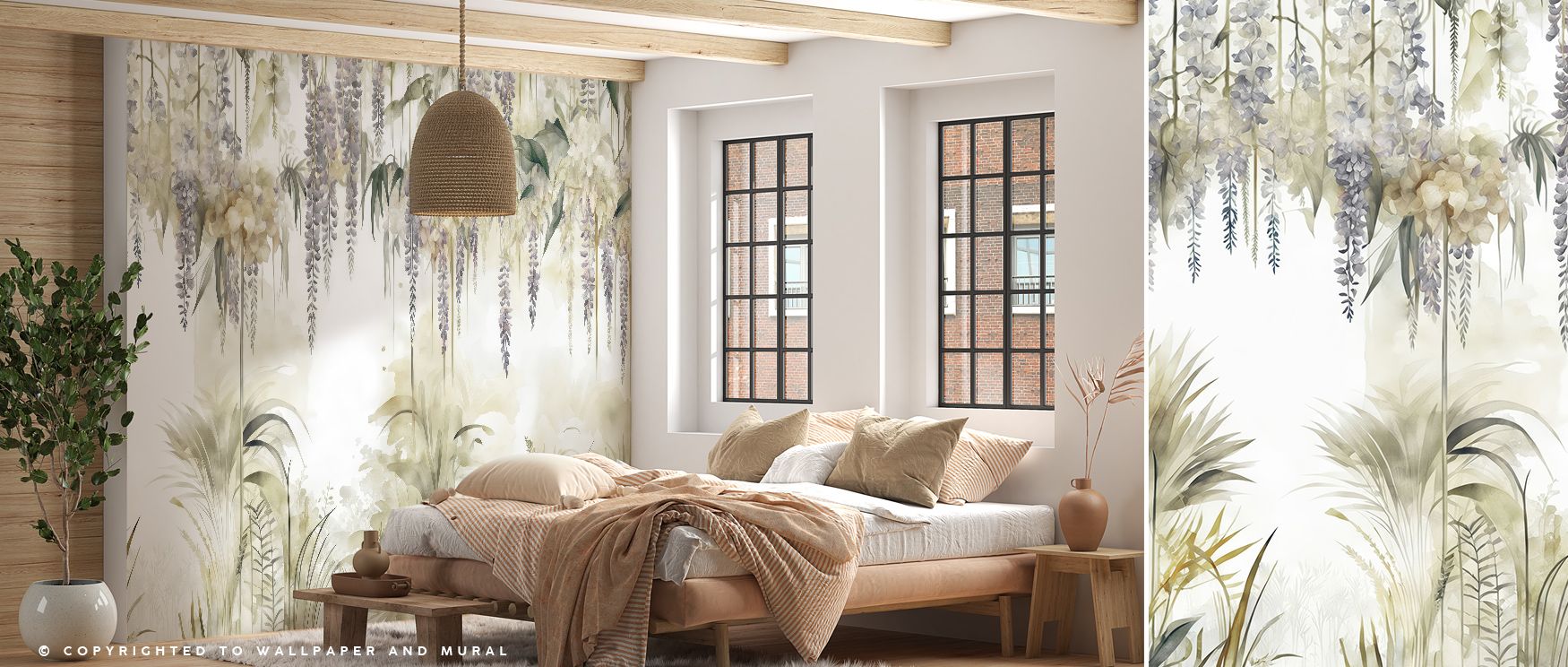 Soft shadows enhance the three-dimensional quality of Wisteria Garden Bright Wallpaper, evoking blooms swaying in a gentle breeze. The palette combines violet, lilac, and green with understated golden tones, producing harmonious elegance suitable for mode