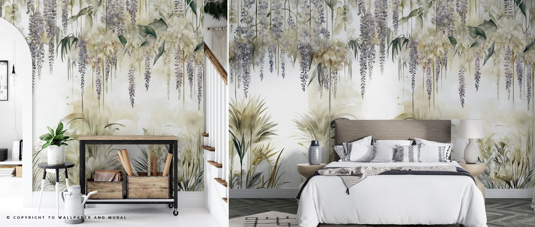 Delicate clusters of blossoms and trailing vines adorn Wisteria Garden Bright Wallpaper, creating a lush, painterly effect. Light interplay emphasizes natural depth, offering interior walls a dynamic yet calming visual story ideal for living or bedroom sp