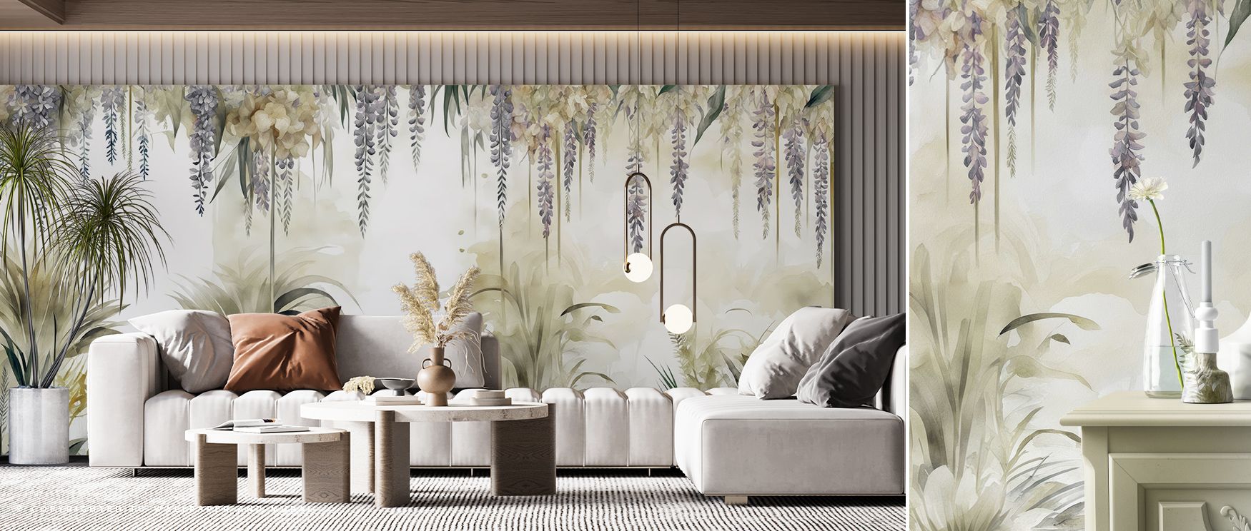 Wisteria Garden Bright Wallpaper celebrates seasonal charm through flowing floral patterns, combining rich violet blooms with soft foliage. The result is an immersive, elegant backdrop that enhances sophisticated interiors. 