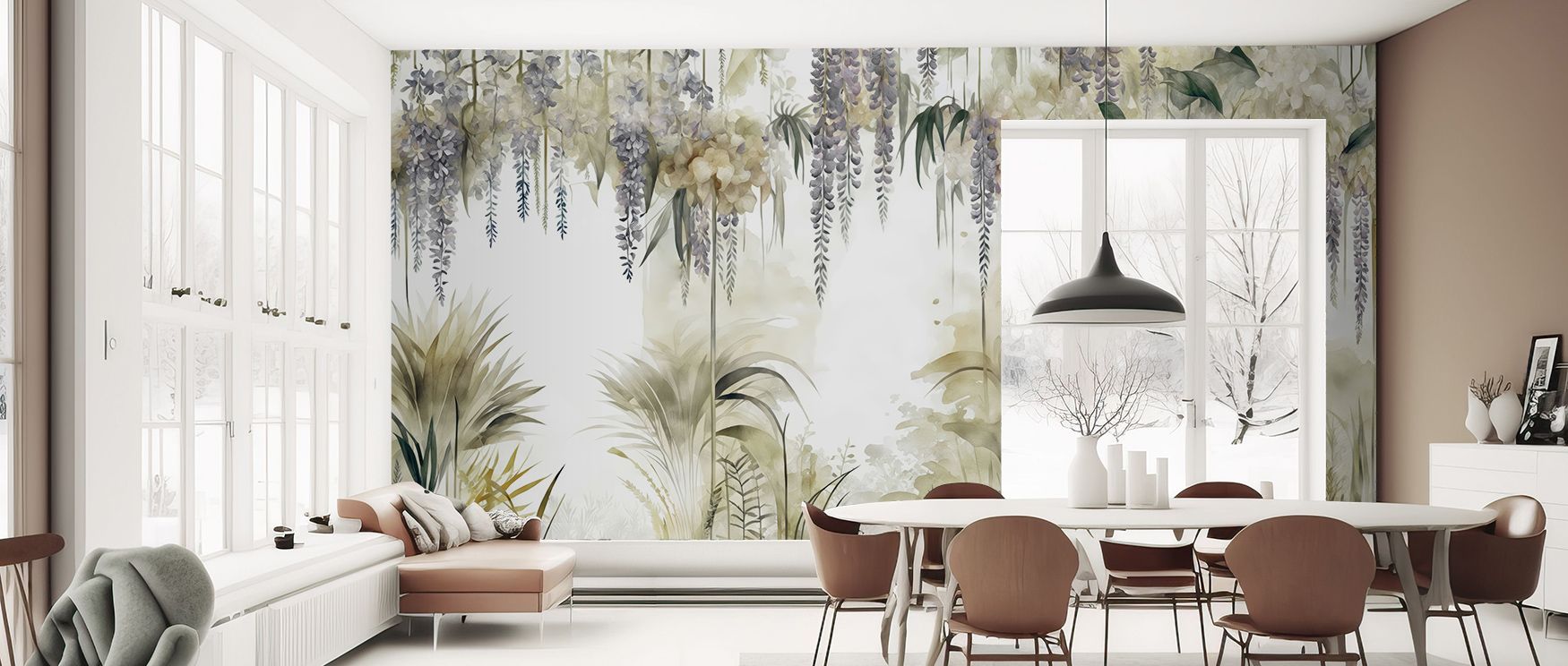 Each branch and flower detail in Wisteria Garden Bright Wallpaper is designed for visual intrigue and layered depth, producing an enchanting and luxurious garden aesthetic. 