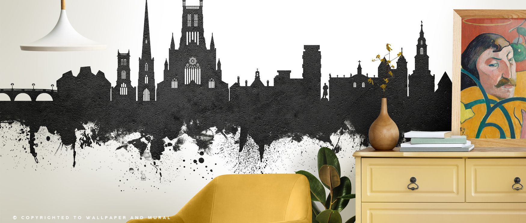 The interplay of open space and line work creates rhythm, guiding the eye across city features naturally. This wallpaper adds urban sophistication and quiet elegance to rooms. 