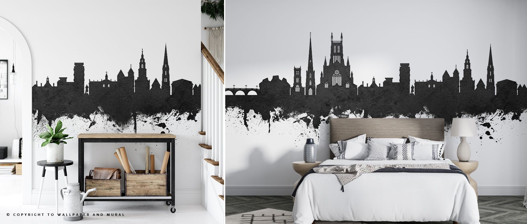 Worcester England Skyline Black & White Wallpaper presents a refined cityscape, capturing iconic Worcester architecture with precise monochrome lines and subtle shading. Each building and spire contributes to a cohesive panorama, conveying both elegance a