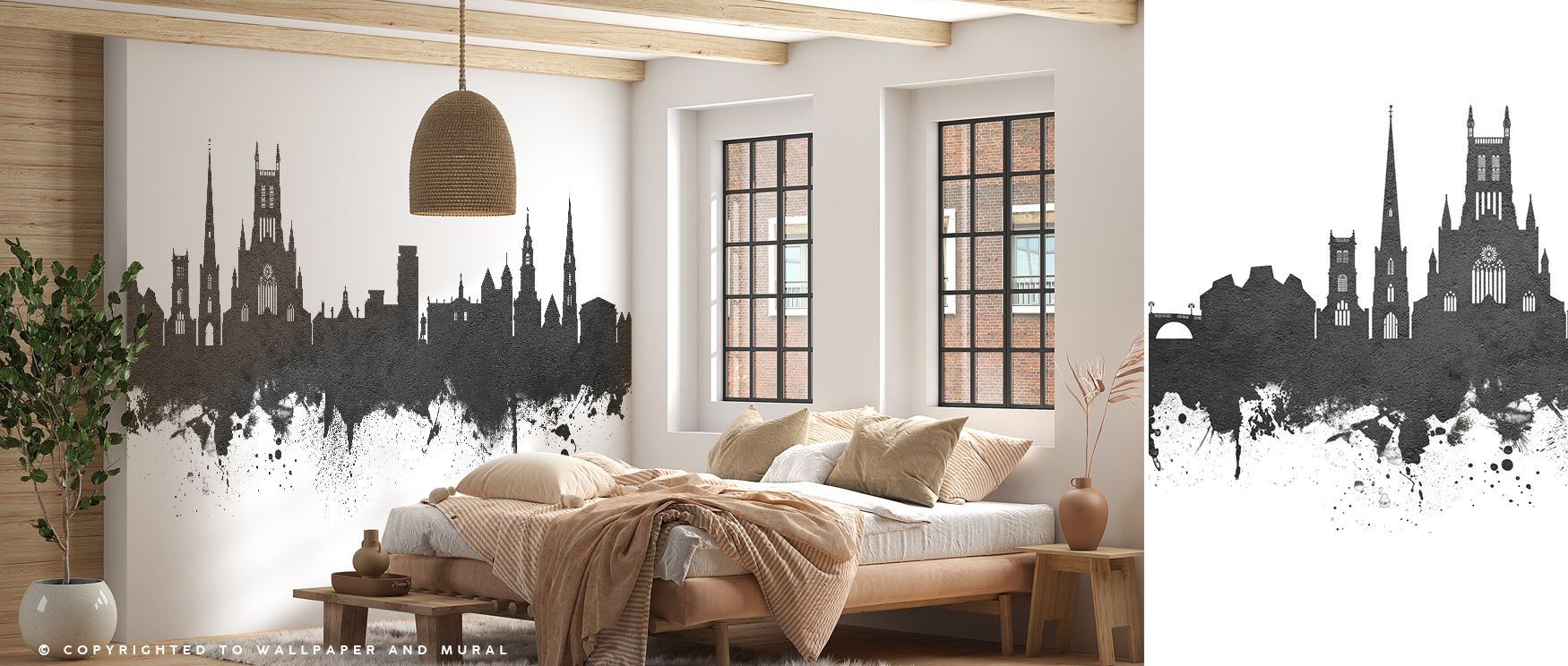 Fine gradients and shadowing highlight structural depth, making the skyline feel alive yet serene. Worcester England Skyline Black & White Wallpaper evokes calm sophistication, bringing a timeless city vista indoors. 