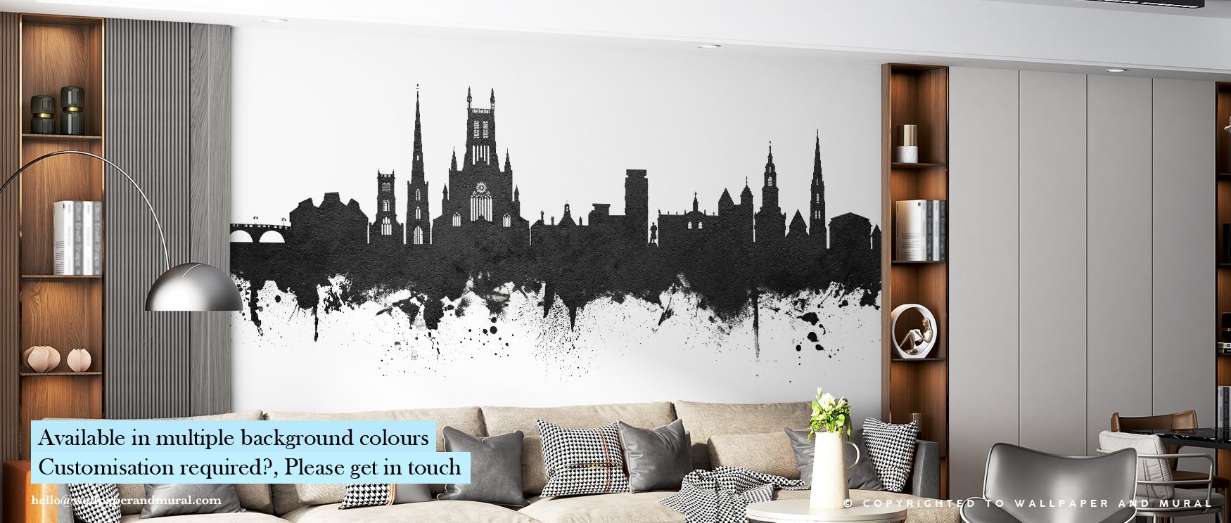 Minimalist contrasts emphasize key architectural elements, from bridges to cathedrals, producing a harmonious flow across walls. The design complements both contemporary and classic interiors, transforming spaces with understated urban charm. 