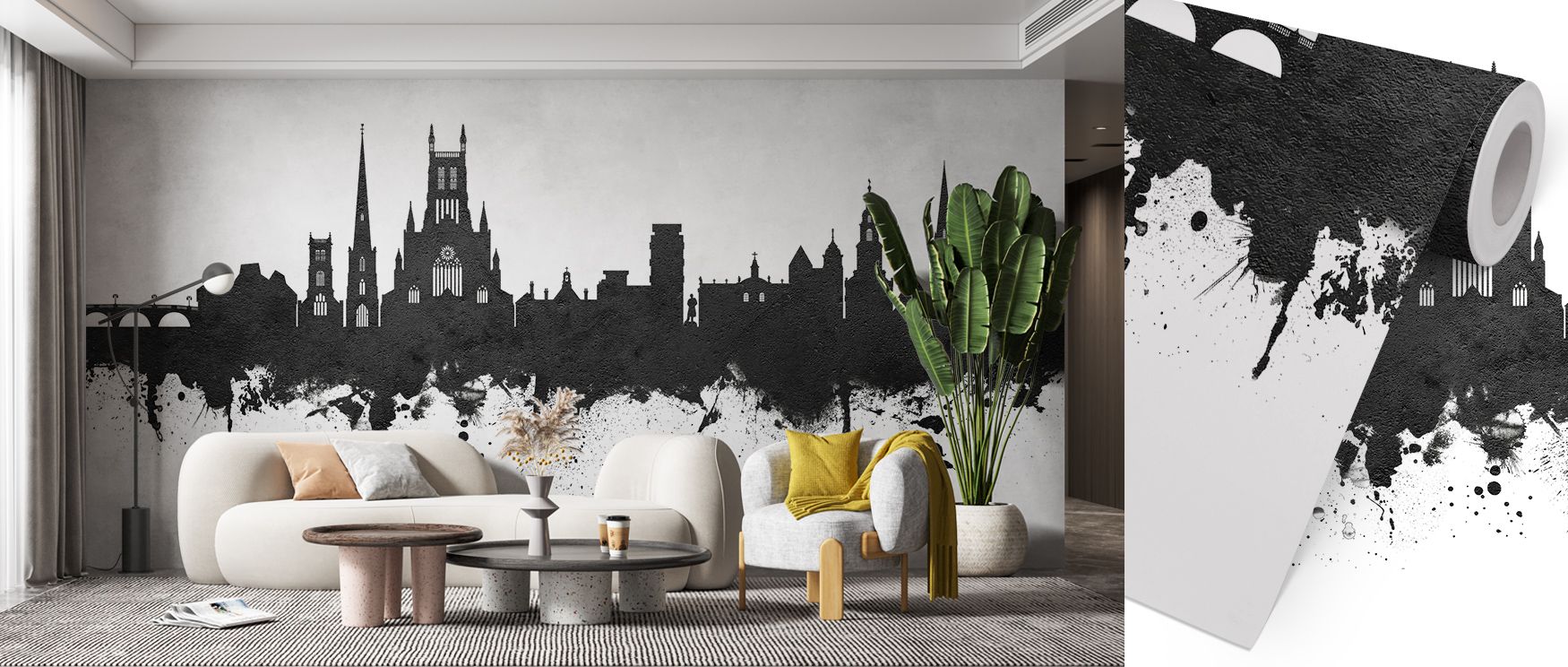 Monochrome composition of Worcester England Skyline Black & White Wallpaper balances light and dark with precision, offering depth and clarity in elegant patterns that flow naturally across interior walls. 