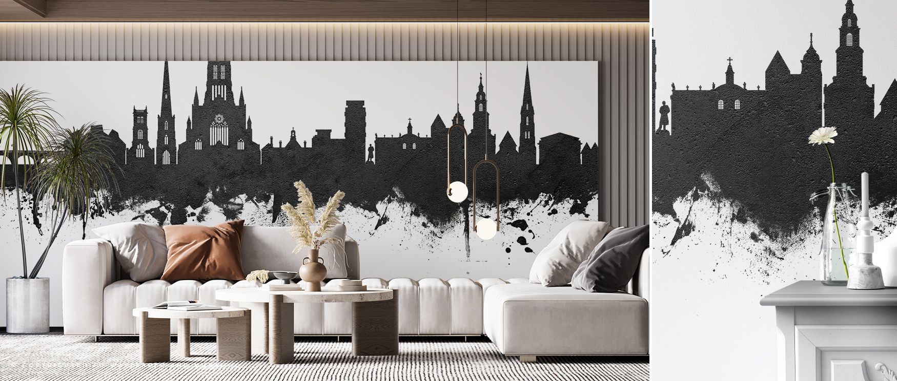 Each silhouette is rendered with careful proportion, capturing the essence of Worcester’s skyline. The wallpaper harmonizes historical grandeur with modern minimalism, producing visually engaging interiors. 