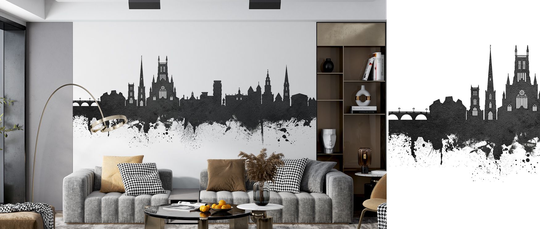 Architectural details, from spires to rooftops, are softly highlighted, giving Worcester England Skyline Black & White Wallpaper a subtle three-dimensional effect. 