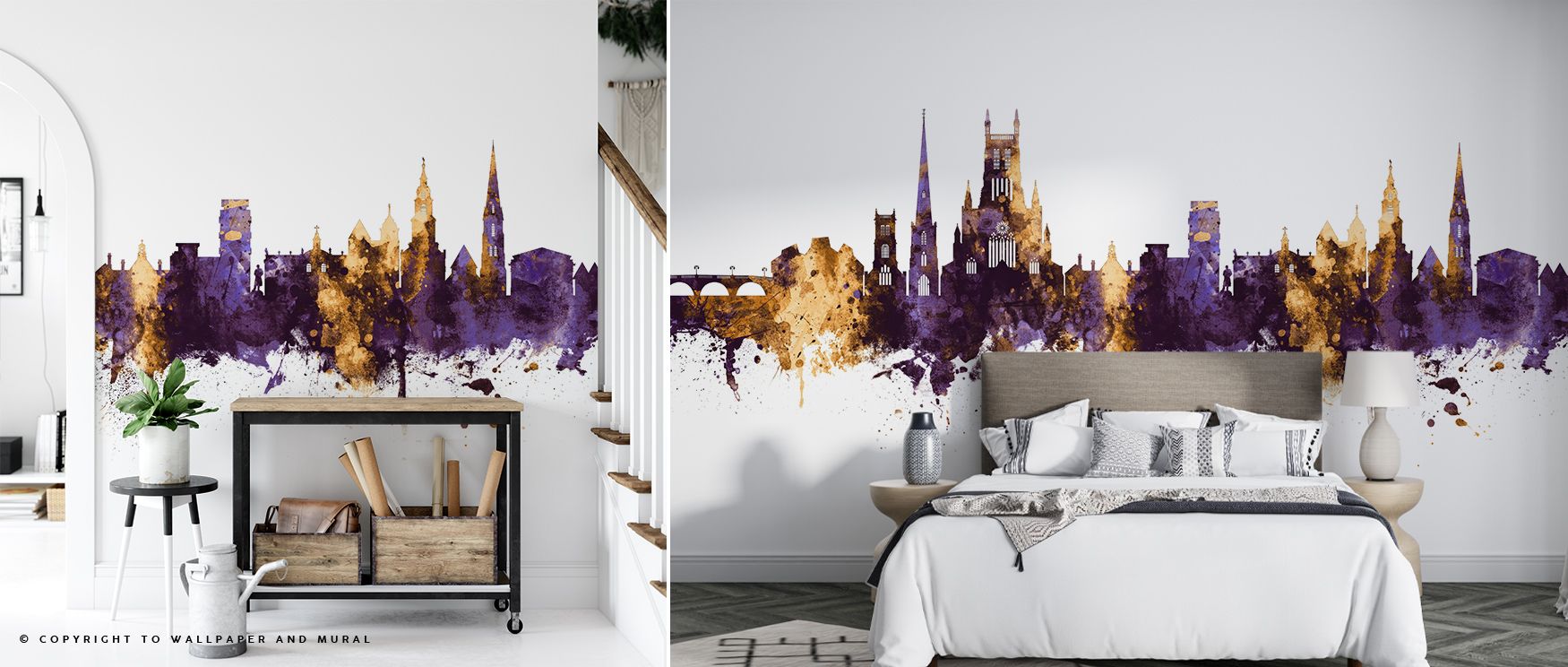 Golden accents illuminate purple silhouettes in Worcester England Skyline Purple & Gold Wallpaper, producing a luxurious city panorama. Each architectural detail conveys quiet elegance, evoking reflections of evening lights over classic rooftops. The desi