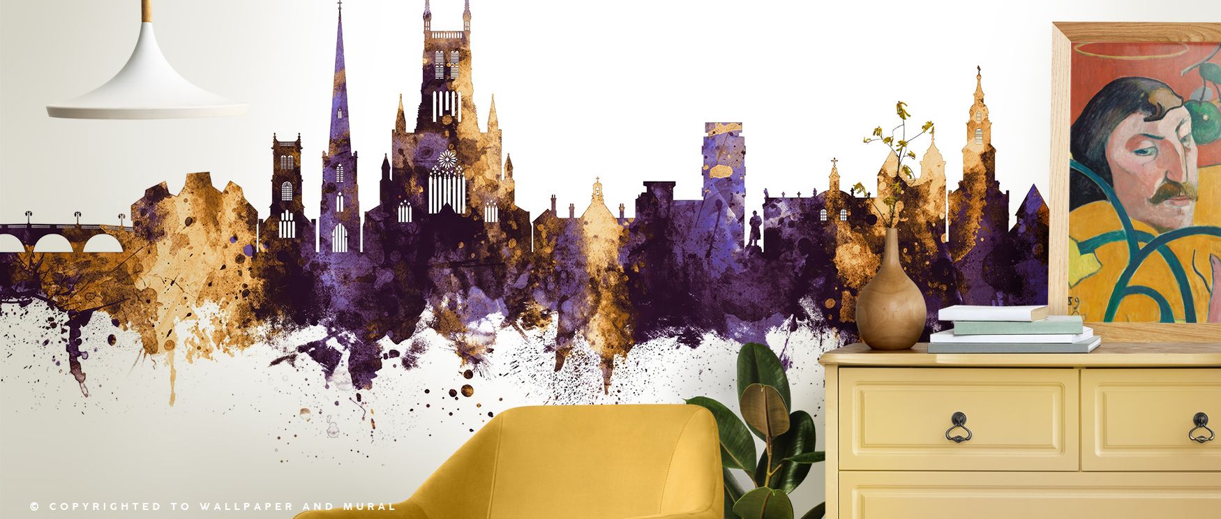 Elegant city outlines shimmer across Worcester England Skyline Purple & Gold Wallpaper, blending royal purples with luminous gold highlights that catch the eye under ambient light. The skyline stretches gracefully, capturing Worcester’s iconic architectur