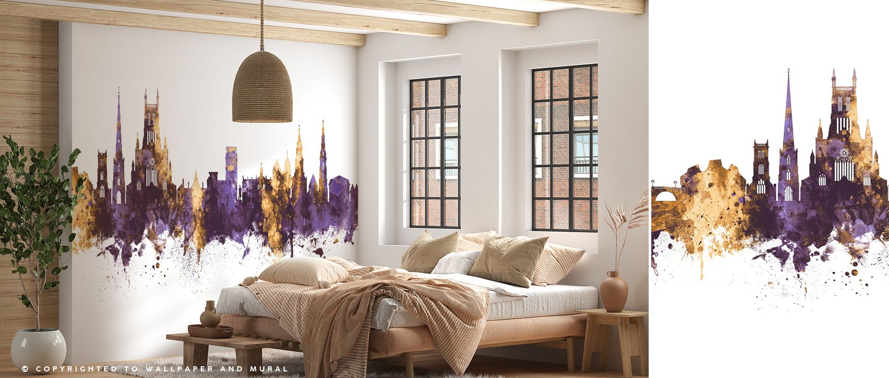 Majestic hues of purple intertwine with warm gold in Worcester England Skyline Purple & Gold Wallpaper. The skyline evokes a sense of pride and grandeur, offering a visually captivating rhythm for creative rooms or sophisticated living spaces. 