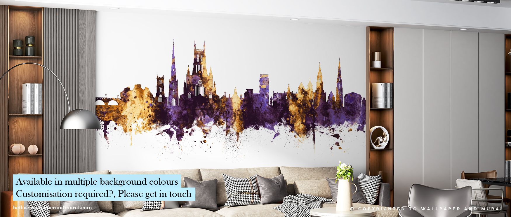 Evening glow enriches Worcester England Skyline Purple & Gold Wallpaper, highlighting structural silhouettes with shimmering metallic reflections. Subtle textures capture the city’s depth, crafting an interior environment that is simultaneously calming an