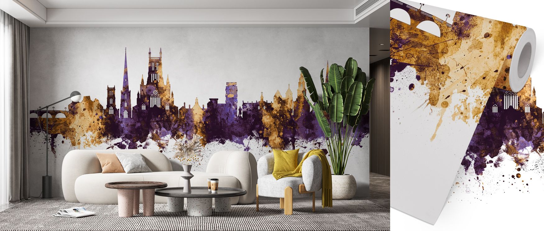 Urban geometry and regal color define Worcester England Skyline Purple & Gold Wallpaper, creating a visual symphony across walls. The luxurious palette enhances ambient light, forming a refined and elegant backdrop for contemporary furnishings. 