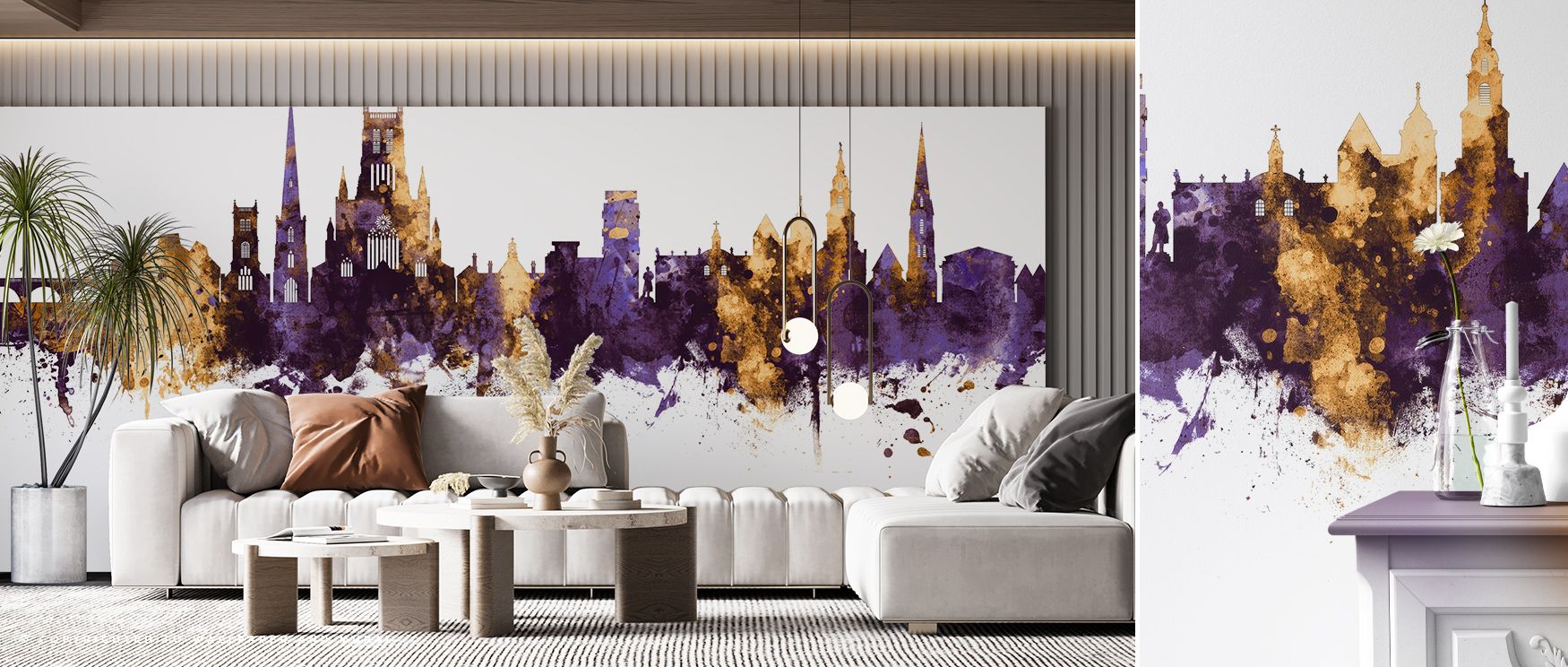 Architectural harmony shines in Worcester England Skyline Purple & Gold Wallpaper, each building outline accented with metallic gold over soft purple tones. The pattern imparts dimension and texture, turning ordinary walls into refined cityscape vistas. 