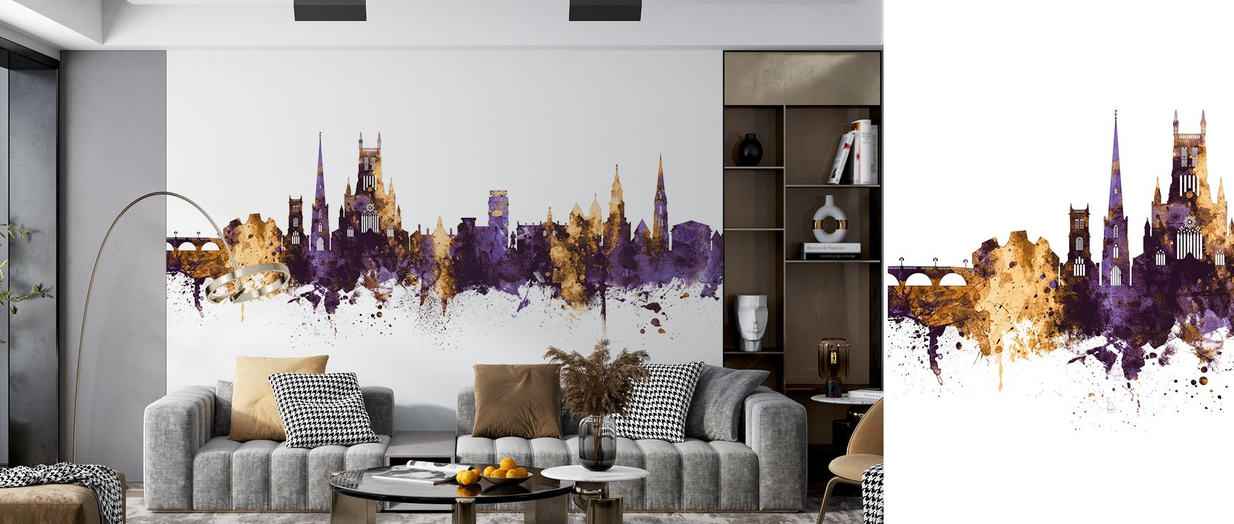 Twilight-inspired reflections move gently across Worcester England Skyline Purple & Gold Wallpaper, capturing luminous city contours. The combination of gold and purple evokes sophistication and calm energy, perfect for living or office interiors. 