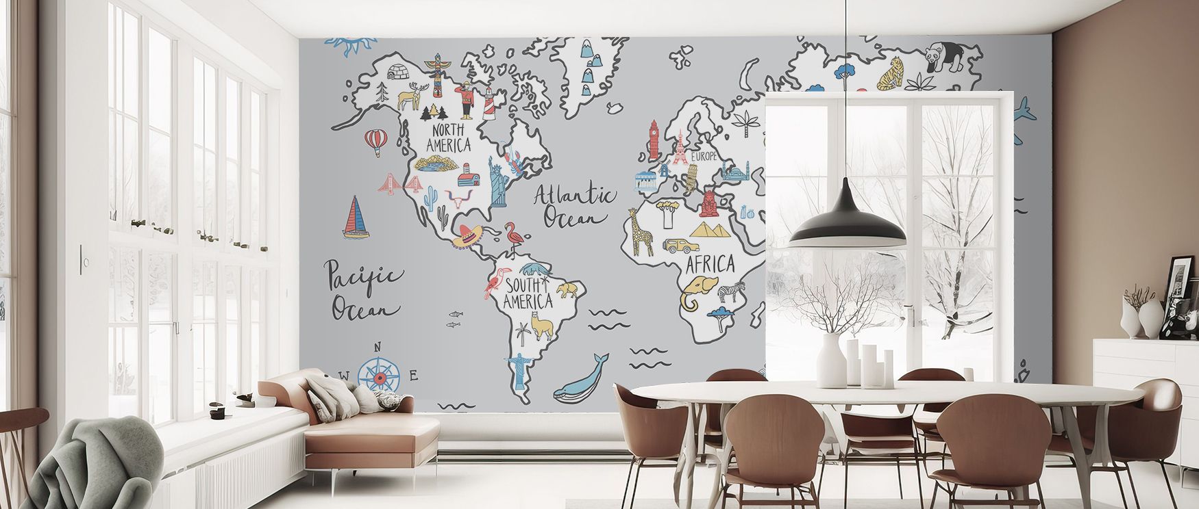 Enhance spaces with World Essentials Wallpaper, showcasing layered world maps and elegant textures in versatile colors, perfect for living rooms, bedrooms, or reading nooks. The artistic details create depth and refined appeal. 