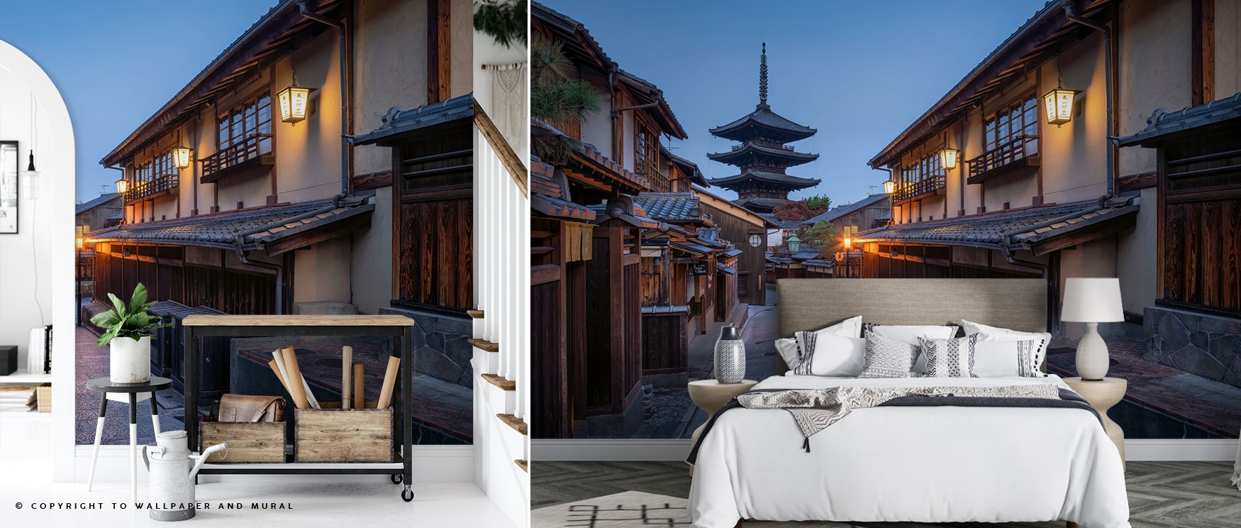 Elevate interiors with Yasaka Pagoda at Night Wallpaper, showcasing deep blues and warm highlights for bedrooms, living rooms, or hallways. The design captures a serene nighttime panorama with subtle sophistication. 