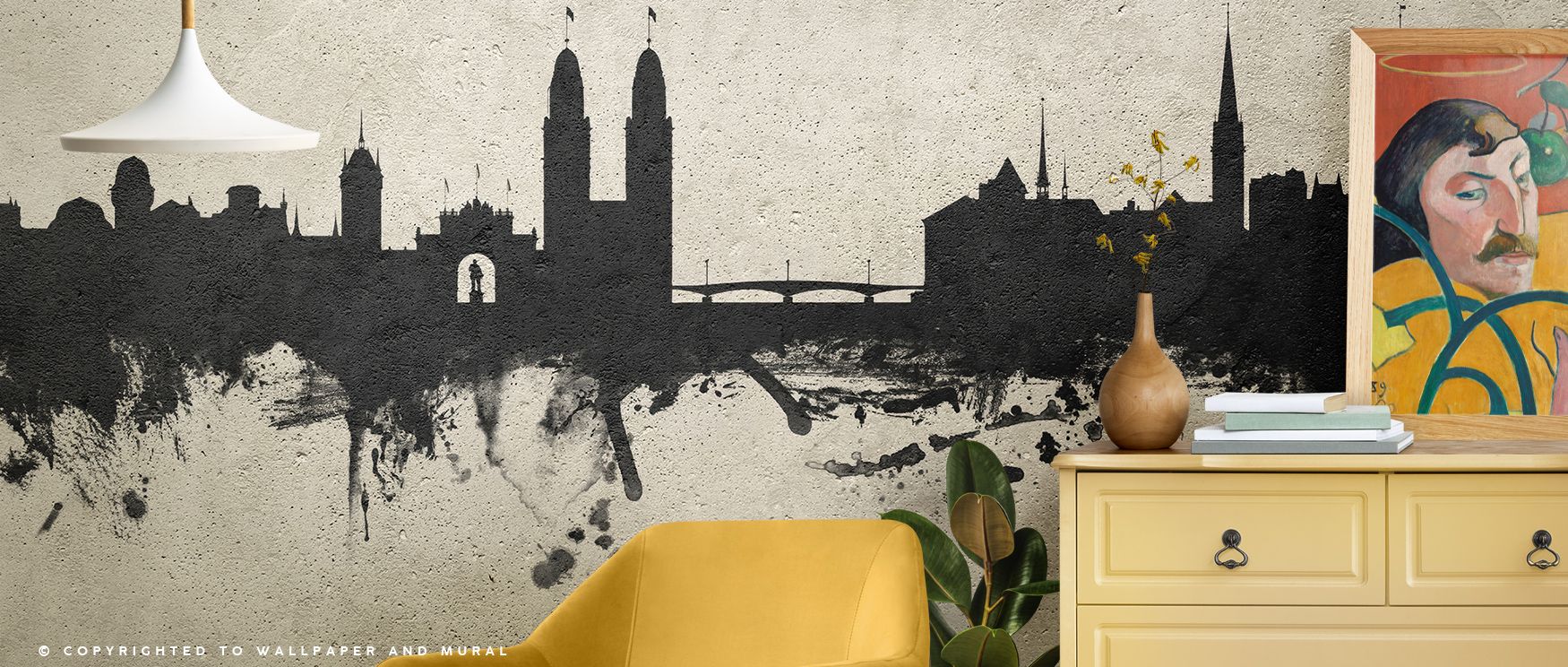 Transform interiors with Zurich Switzerland Skyline Concrete Wallpaper, combining geometric skylines and gentle gradients to create a sleek, modern backdrop for bedrooms, living rooms, or feature walls. The composition is visually dynamic yet balanced. 