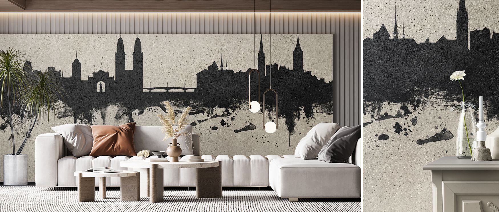 Bring modern charm with Zurich Switzerland Skyline Concrete Wallpaper, featuring skyline silhouettes and soft concrete shading for bedrooms, living rooms, or hallways. The design balances minimalism with visual intrigue. 