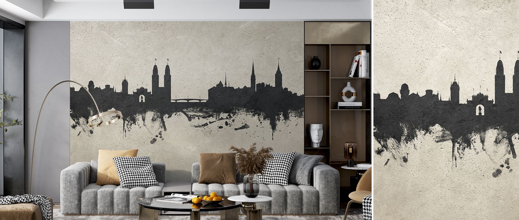 Enhance interiors with Zurich Switzerland Skyline Concrete Wallpaper, layering subtle urban textures and geometric rooftops for bedrooms, living rooms, or lounge spaces, producing a contemporary calm. 