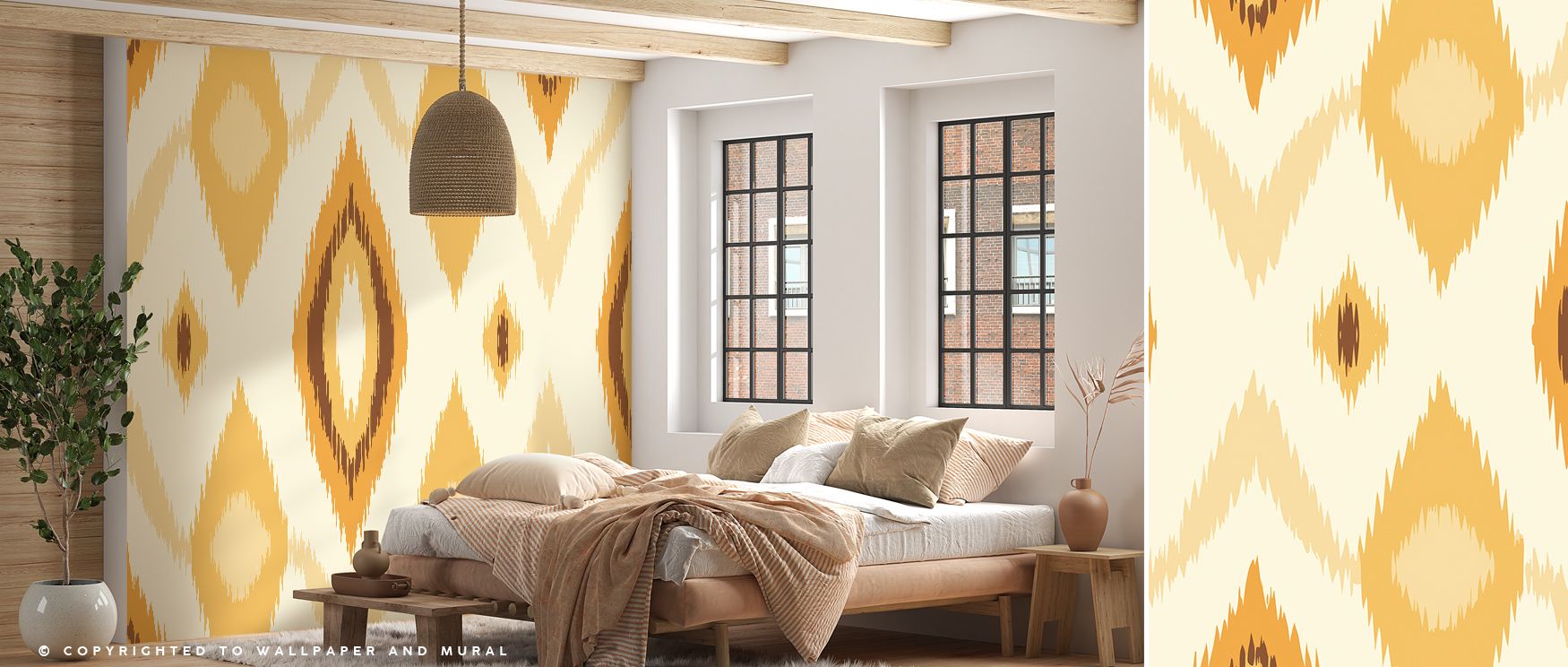 Retro 70s Ikat I Wallpaper bursts with chromatic confidence as ikat patterns stretch fluidly across its surface. The dynamic symmetry of color and motion captures playful character, infusing interiors with uplifting rhythm and artistic energy. 