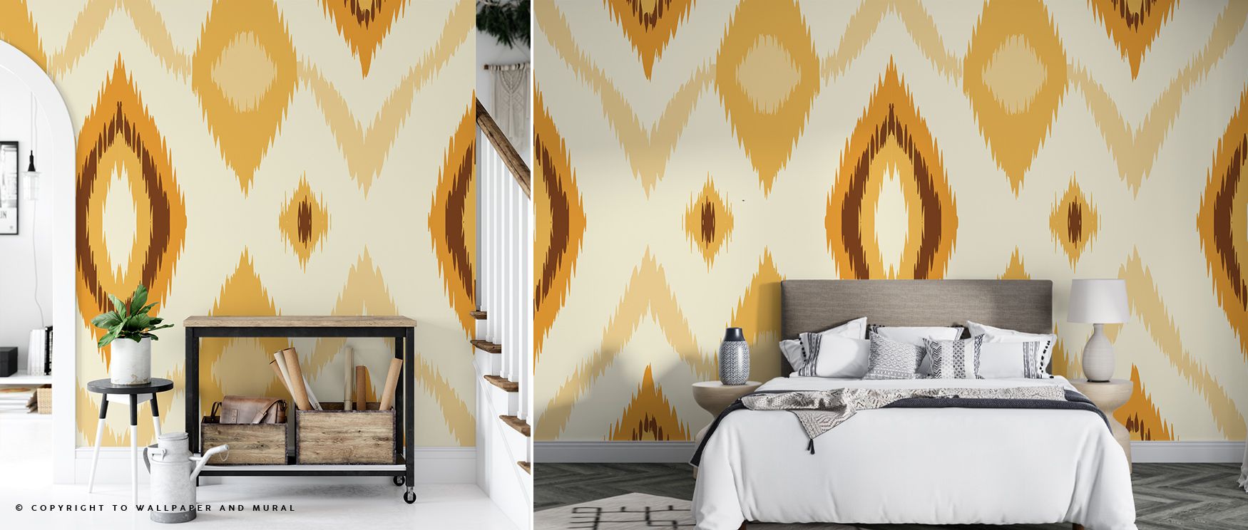 Waves of pattern sweep through the Retro 70s Ikat I Wallpaper, echoing the vibrant pulse of 1970s design. Each hue blends harmoniously, conjuring warmth and individuality perfect for eclectic rooms alive with retro charm. 