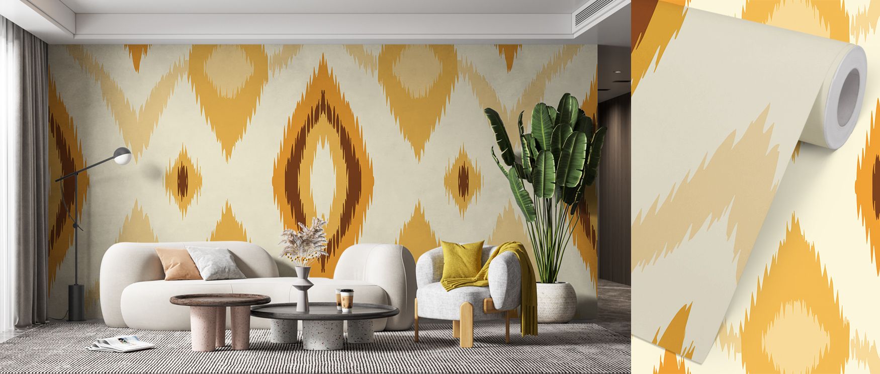 Radiating artistic nostalgia, the Retro 70s Ikat I Wallpaper revives mid-century modern spirit through fluid geometry and rich contrast. Its playful movement and vintage palette create dynamic harmony ideal for creative interiors filled with light. 