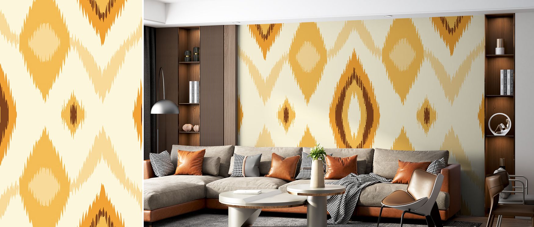 In the Retro 70s Ikat I Wallpaper, organic symmetry meets rhythmic color transitions. Each curve flows seamlessly, generating joyful balance that enhances walls with expressive warmth and timeless retro vibrancy. 