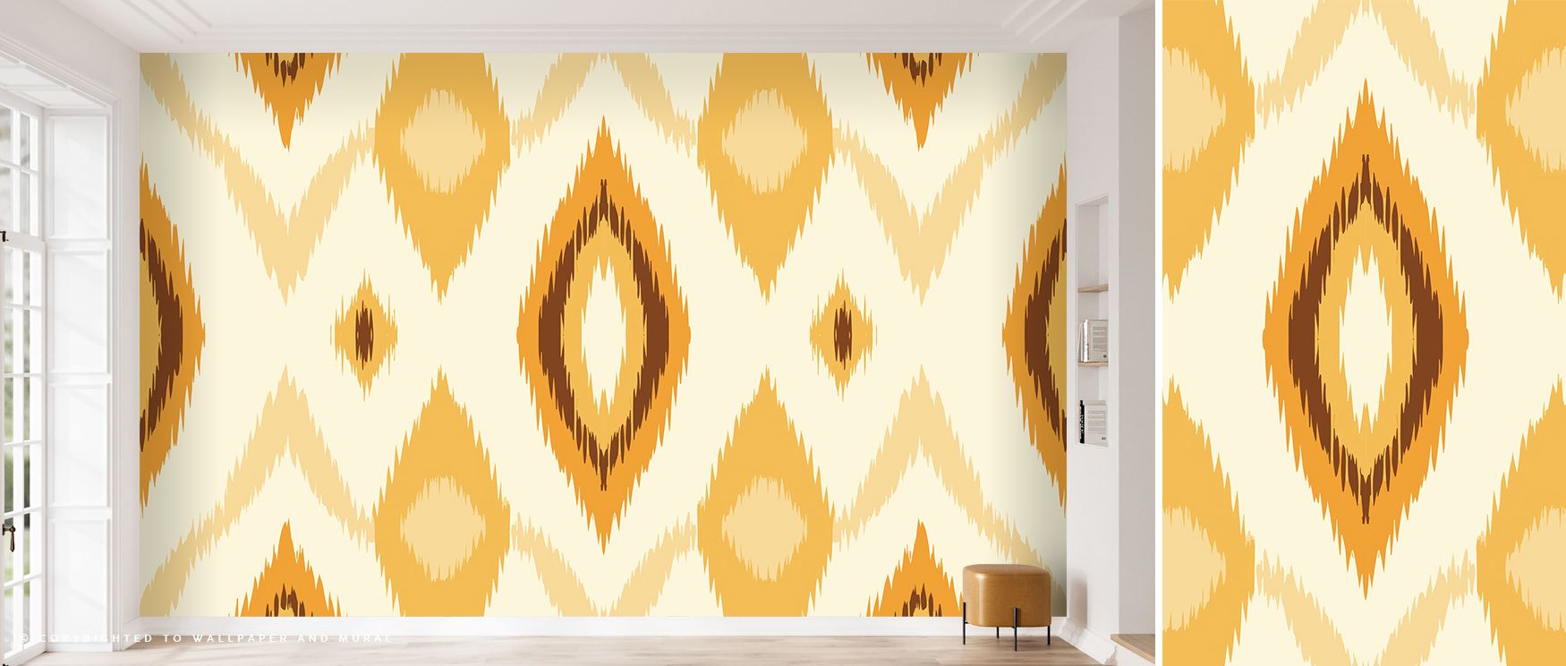 Energy hums within the Retro 70s Ikat I Wallpaper as patterns weave bold intensity into fluid form. Its tonal variation recalls handmade textiles, offering spaces cheerful sophistication and comforting artistic unity. 