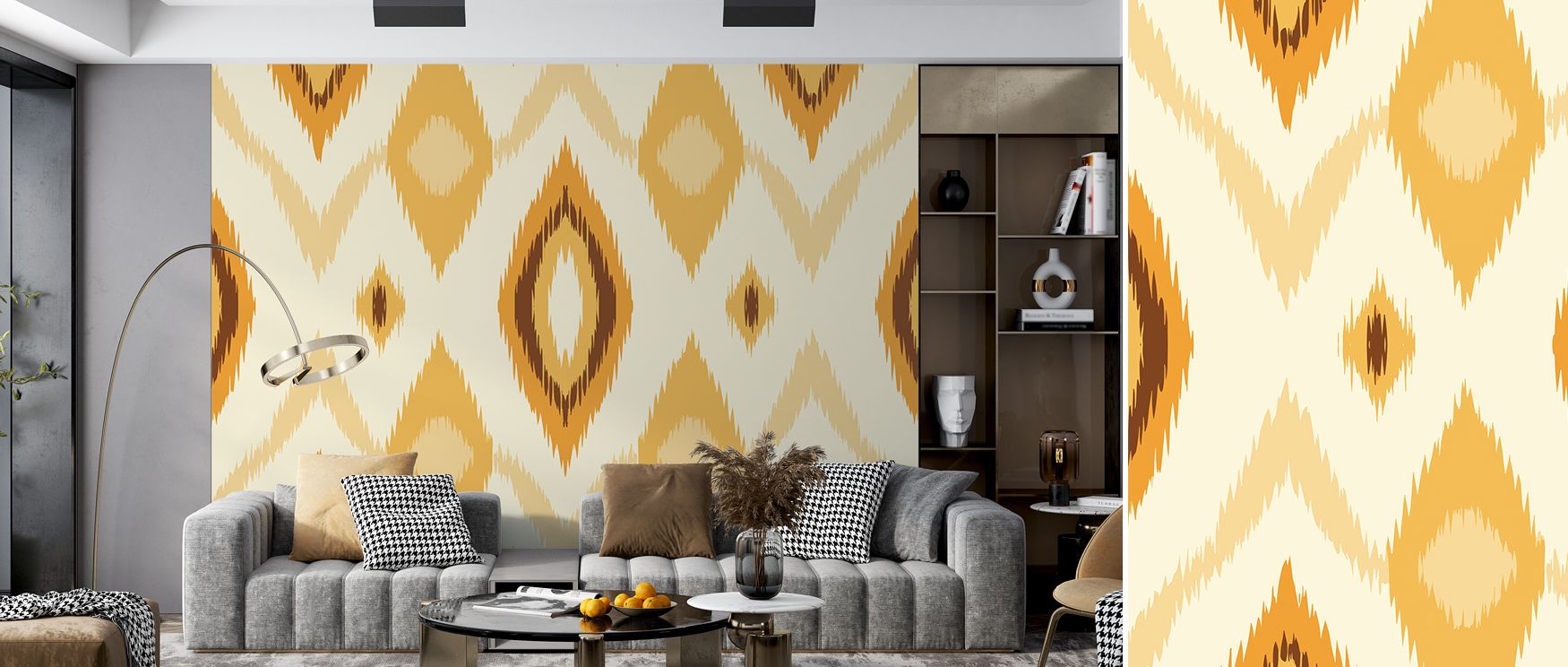 Across the Retro 70s Ikat I Wallpaper, shapes blur and blend in painterly style. The rich palette and smooth transitions generate warmth and vitality, creating inviting atmospheres filled with color harmony. 