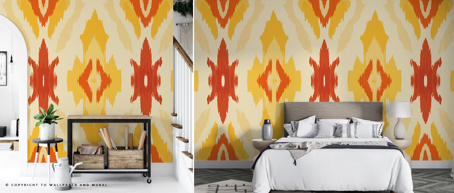 Retro 70s Ikat II Wallpaper pulses with color harmony, where geometric waves evoke cultural richness and warmth. Each transition between shade and shape conveys movement, filling interiors with playful optimism and enduring style. 