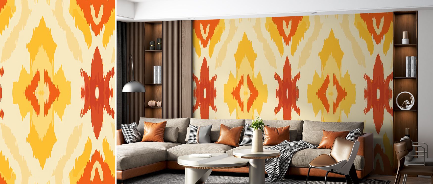 Retro 70s Ikat II Wallpaper celebrates artful repetition as color and form intertwine gracefully. The smooth blending of tones produces depth and vibrance, making each wall a captivating canvas of retro-modern charm. 
