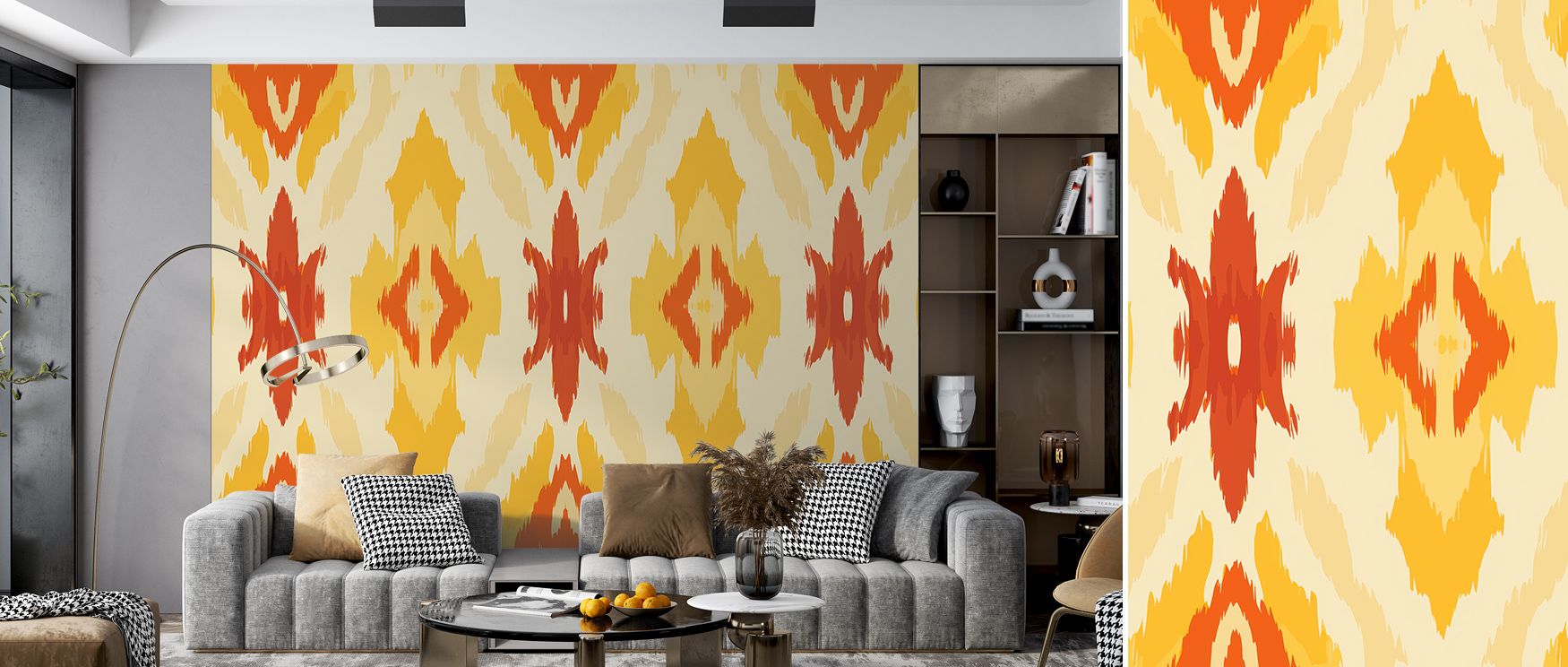 Retro 70s Ikat II Wallpaper turns color into motion, pattern into rhythm. Its rich tonal layering recalls hand-dyed artistry, inspiring interiors with joyful rhythm and aesthetic peace drawn from vintage spirit. 